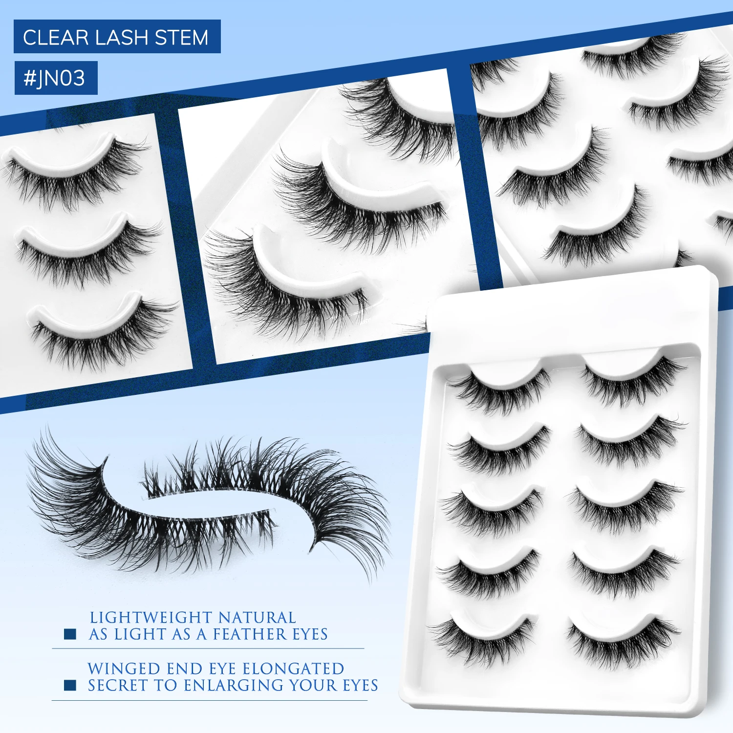 Lasvirey Fluffy Eyelashes Natural Cat Eye Lashes Fluffy Volume Faux Mink Lashes Natural Full Strip Clear Stem Lashes Extension