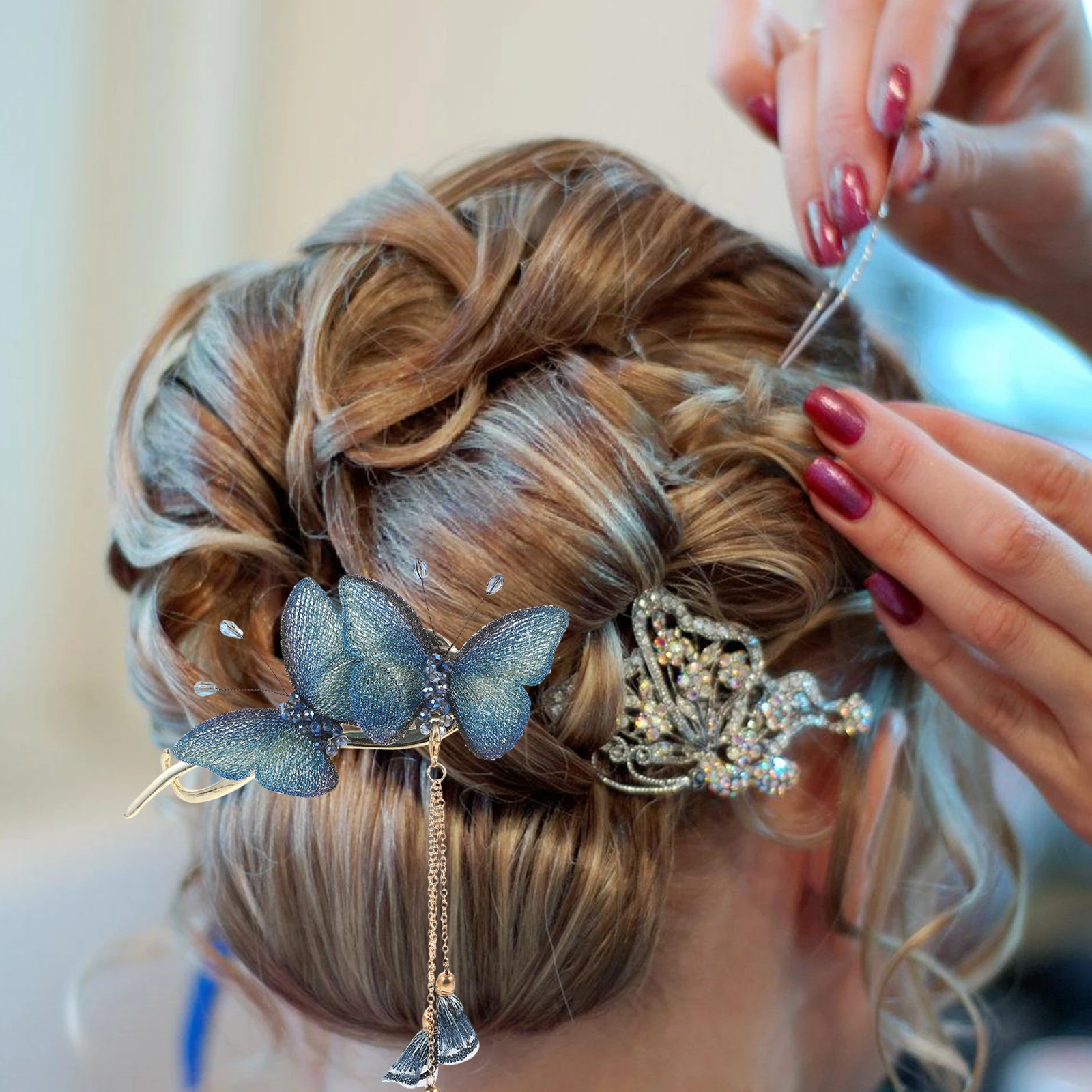 

2pcs Embroidered Clip Metal Tassel Hairpin For Women Decorative Styling Accessories Butterfly Clips Rhinestone Barrettes Wedding