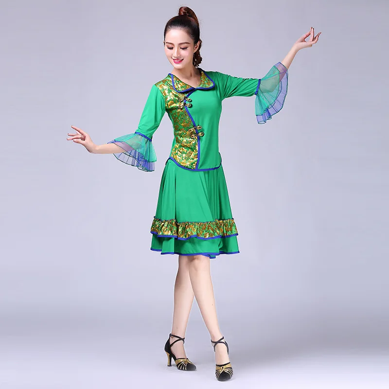 New Square Dance Set Women's Mid sleeved Performance Dress Tibetan Dance Dress Ethnic Style Flip Collar Performance Dress 181504