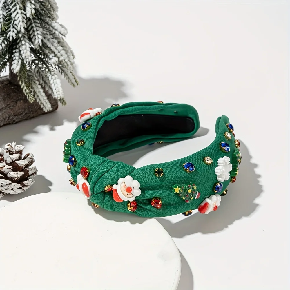 Holiday Christmas Headband - Wide ligature design, sparkling rhinestones, Santa Claus and snowflake pattern