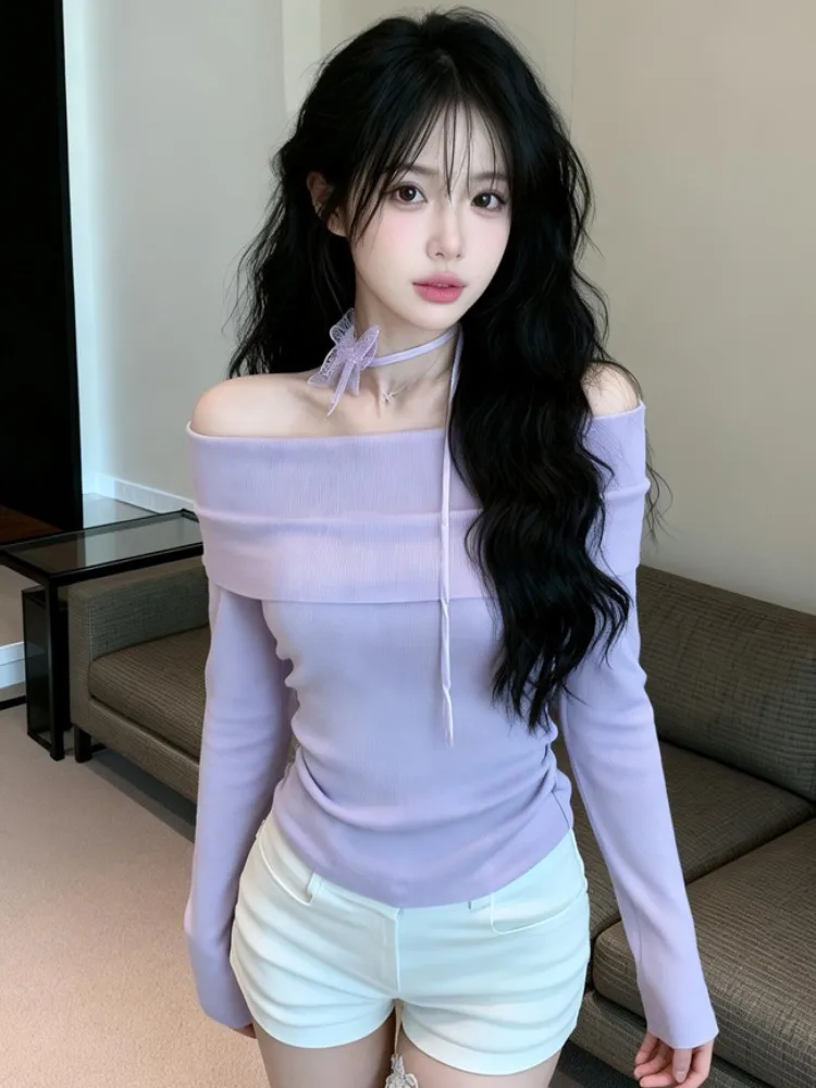 

Elegant Pure Design Knitted Long Sleeve Slim Fit Shoulder Baring Top for Women Spring Summer New Style Short French Style