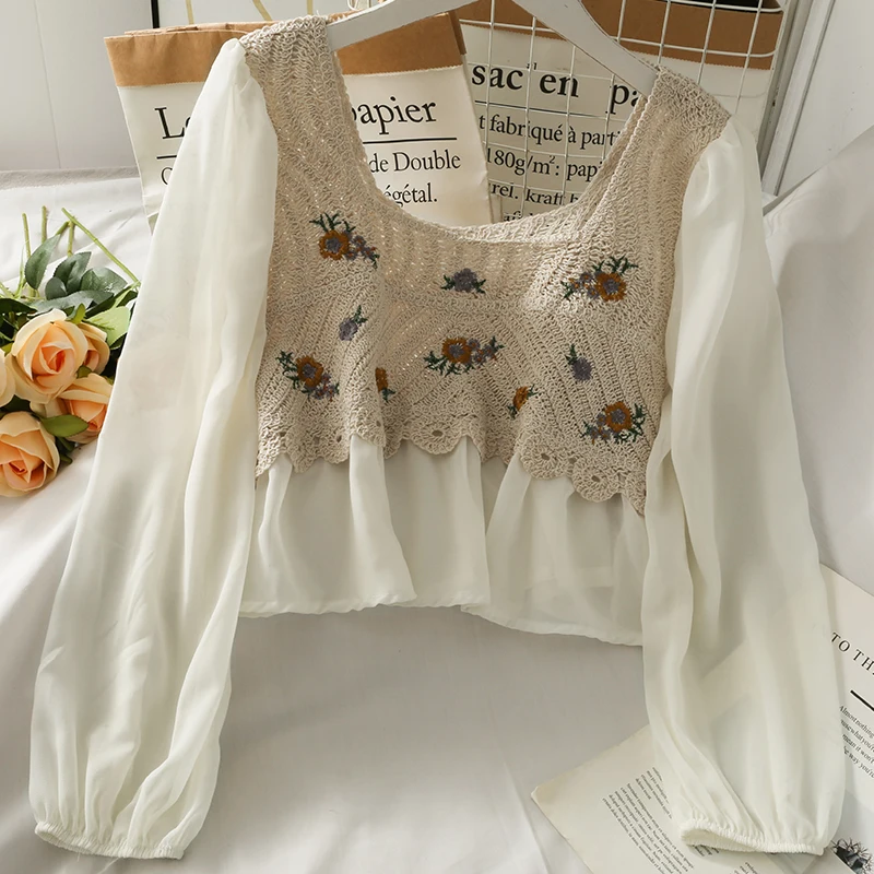 Crochet Top with Chiffon Flower Embroidery Long Sleeve Square-neck Fake Two-Piece Blouse Spring Summer Fairycore Cottagecore