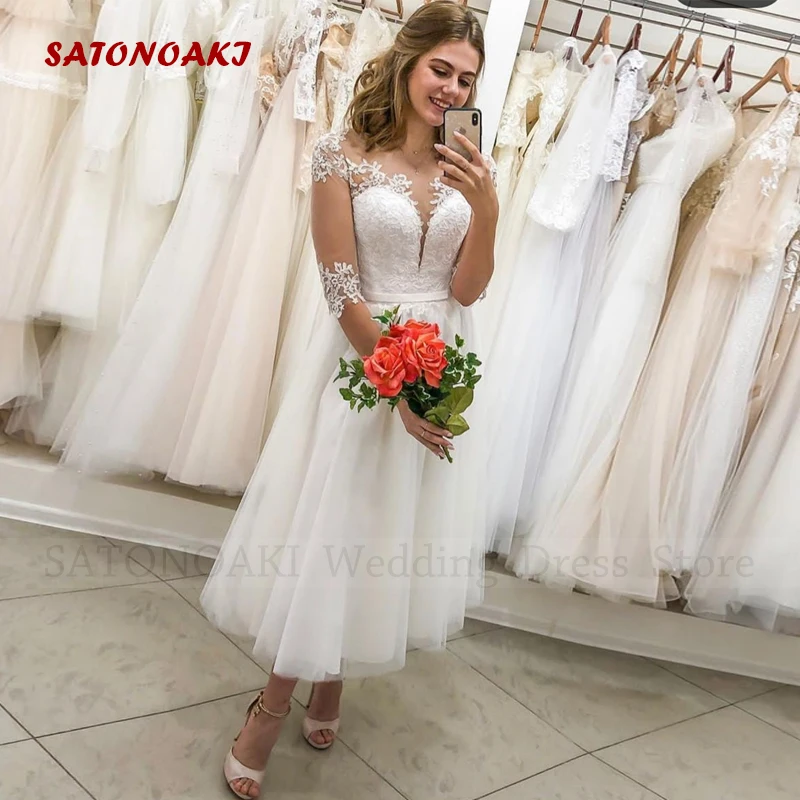 

Vestidos De Novia Elegant Boho Short Wedding Dresses Scoop Neck A-Line Half Sleeve Appliques Bride Gown Custom Made Robe Mariée