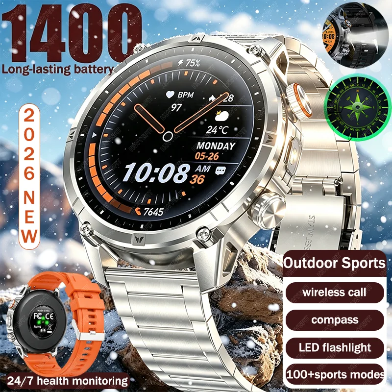 2026 New Military 1400mAh Battery Smart Watch Men Outdoor Flashlight IP68 Waterproof Heart Rate Bluetooth Call Sports Bracelets
