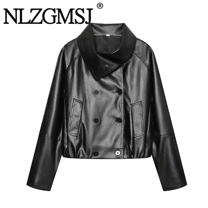 NLZGMSJ Autumn New Women Fashion Faux Leather Trench Coat Long Sleeve Double-breasted Jacket Vintage Lady Motorcycle Outwear