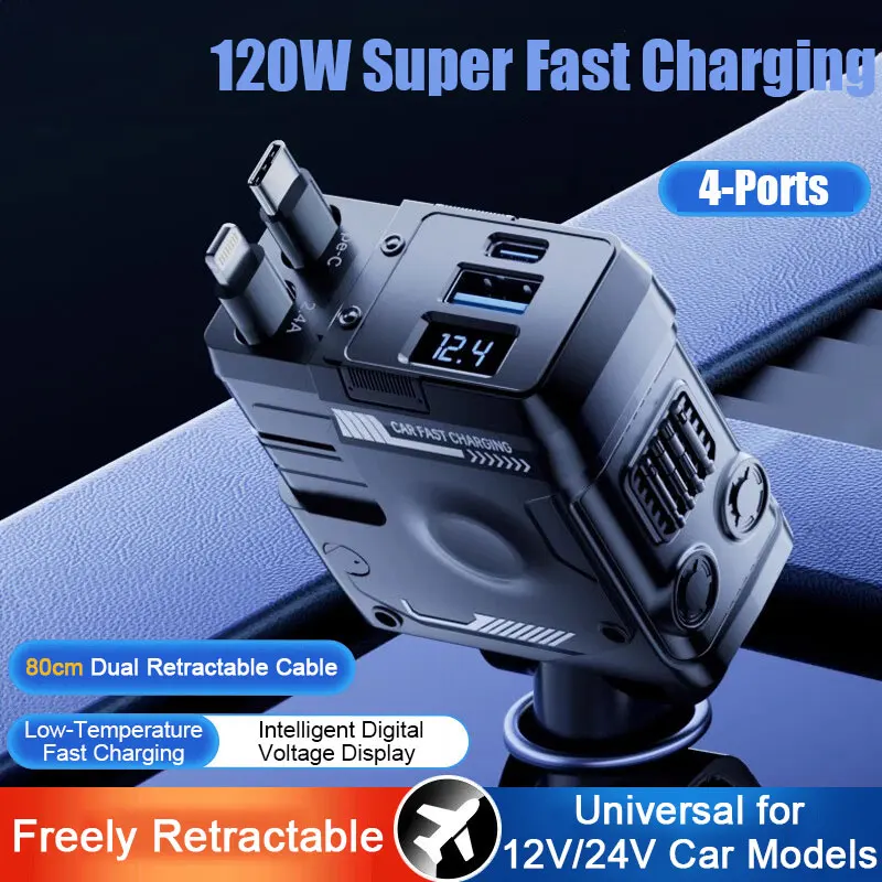 

Автомобильное зарядное устройство с 4 портами USB A/C, сверхбыстрое, для iPhone и Android, с цифровым дисплеем напряжения, выдвижной кабель, 12В/24В