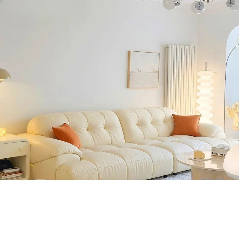 Factory Direct 2026 Cream wind marshmallow leather sofa living room size three-person cloud straight row leather art