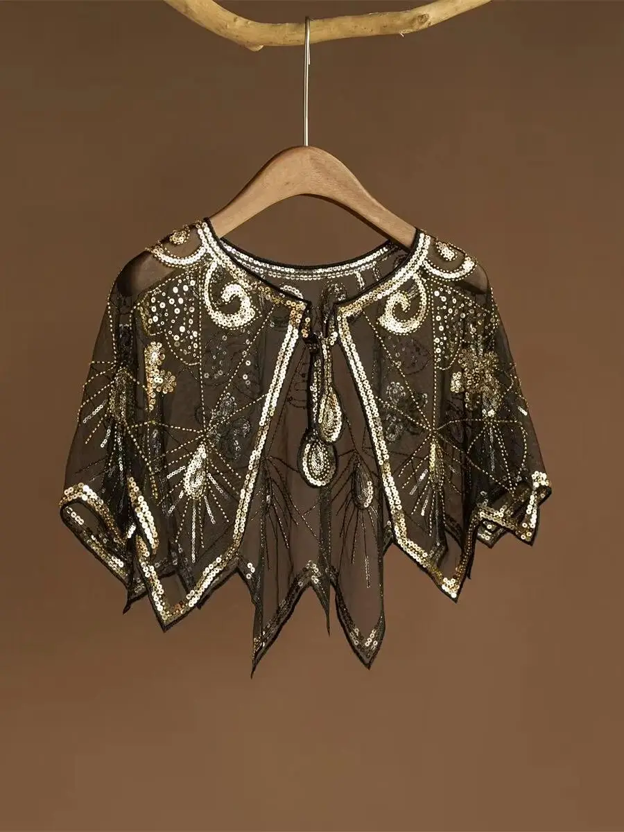 1920er Jahre Transparenter Spitzen-Flapper-Schal Eleganter Vintage Glitzernder Perlen-Pailletten-Umhang Boho Abendkleid Damen-Oberbekleidung Schal – Detail 4