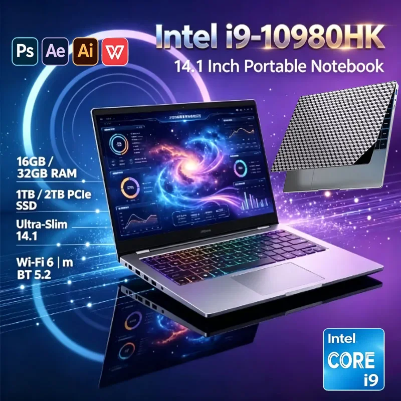 2026 Intel Core I9-10980HK Laptop 14.1 Inch Win11 Pro 16GB/32GB RAM 1TB 2TB SSD Unlock Office Business Gaming Notebook