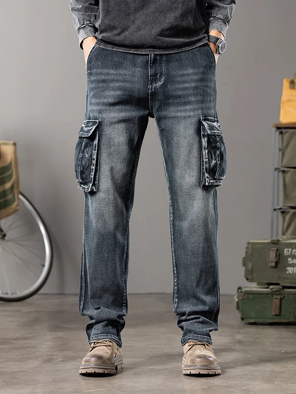 

Trendy Large Size American Workwear Style Jeans Men's Loose Straight Leg Retro Long Pants Casual Wear Multi-Pocket Denim