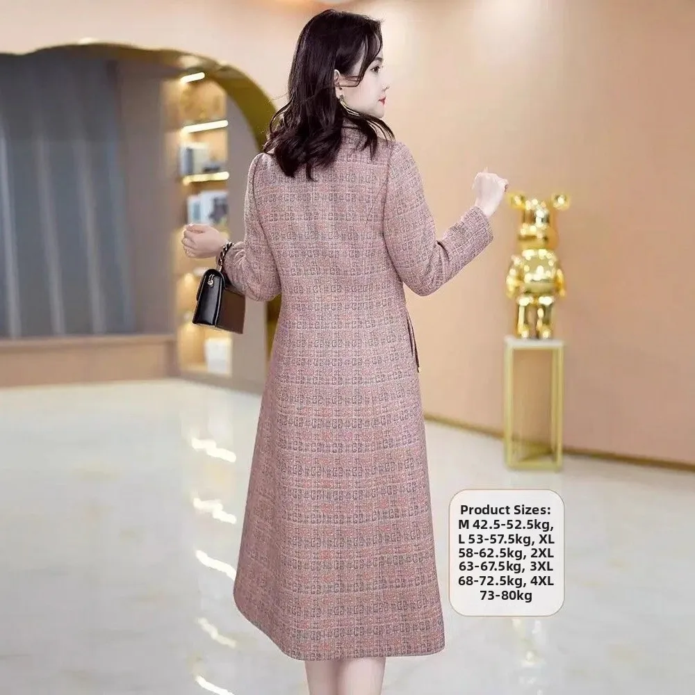 Dámský vlněný kabát s tartanovou délkou po kolena, podzimní a zimní, nový módní zeštíhlující midi kabát, ležérní styl, pohodlná polyesterová tkanina - náhled 4