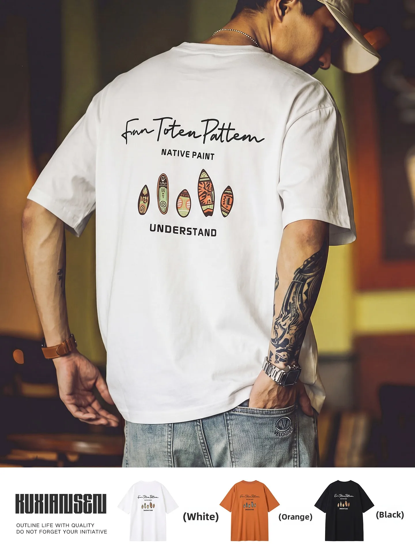 

American Retro Surf Board Print Short Sleeve T-Shirt Men's Summer Loose round Neck Base Shirt Half Sleeve Top Cotton Blend Fa...