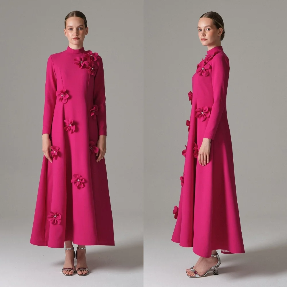 

Customized Jersey Applique Flowers High Collar A-line Midi Dresses Bespoke Occasion Elegant Party Wedding Guest Formal Evening