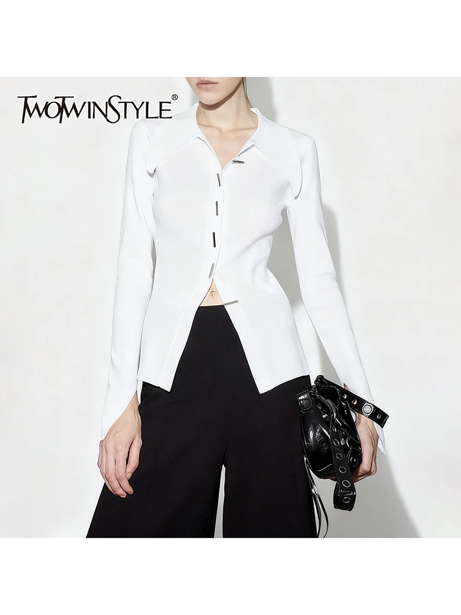 

TWOTWINSTYLE Solid Slimming Spliced Metal Buttons Basics Cardigans for Women Lapel Long Sleeves Tunic Versatile Cardigan Female