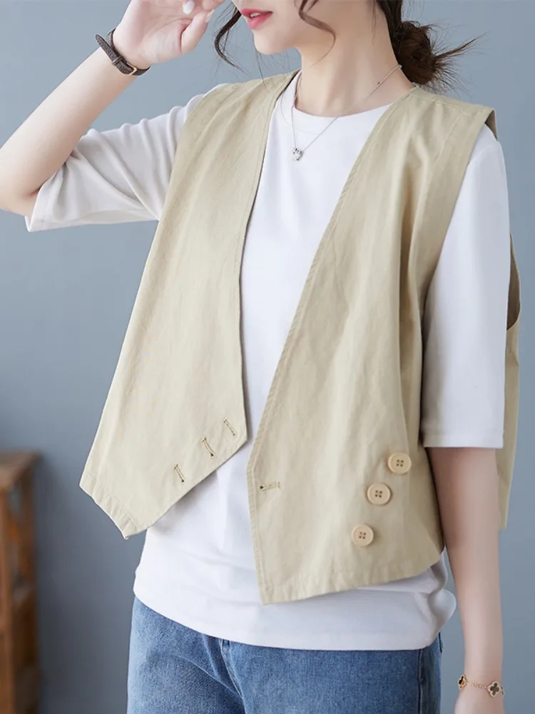 

Women's Cotton Vest Summer Thin Loose Casual Cross Front Pure Color Layered Wear ort Sve Button up Top