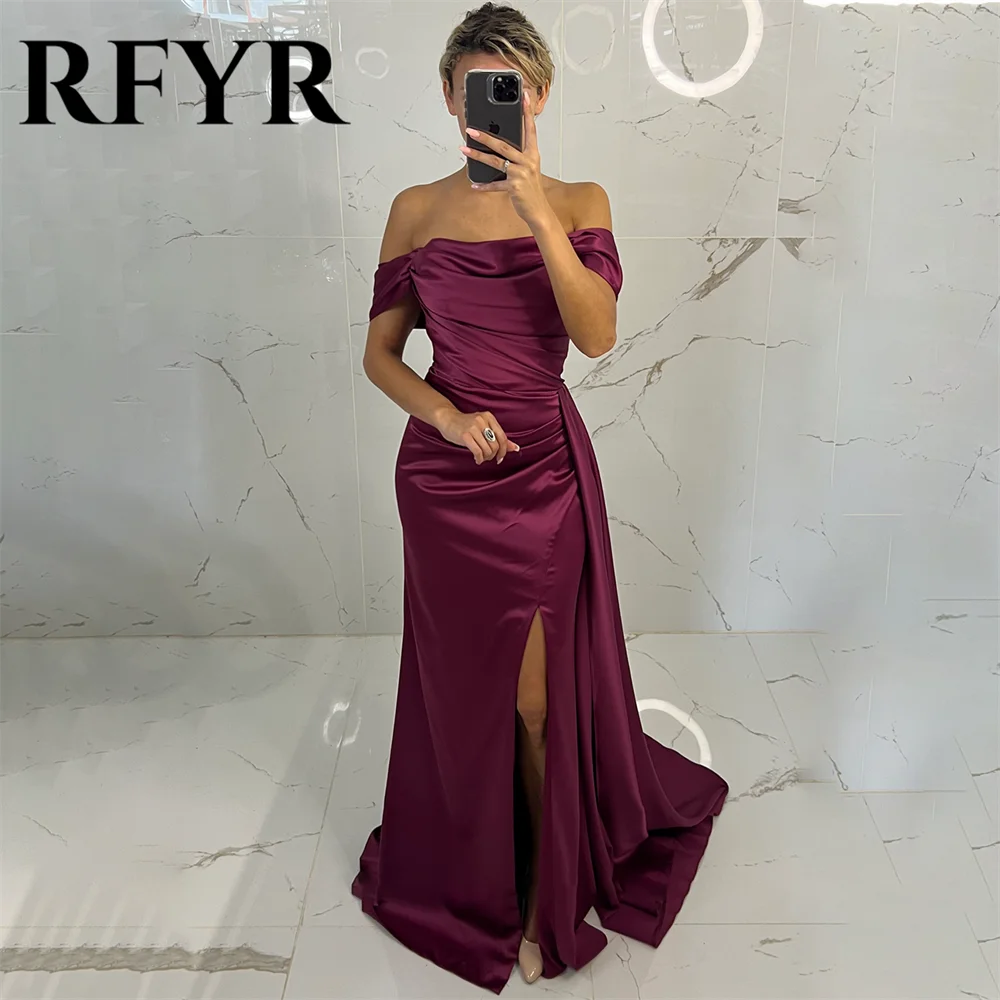 

RFYR Purple Evening Gown Trumpet Strapless Prom Dress Off The Shoulder Pleats Stain Evening Dress with Side Slit robes de soirée