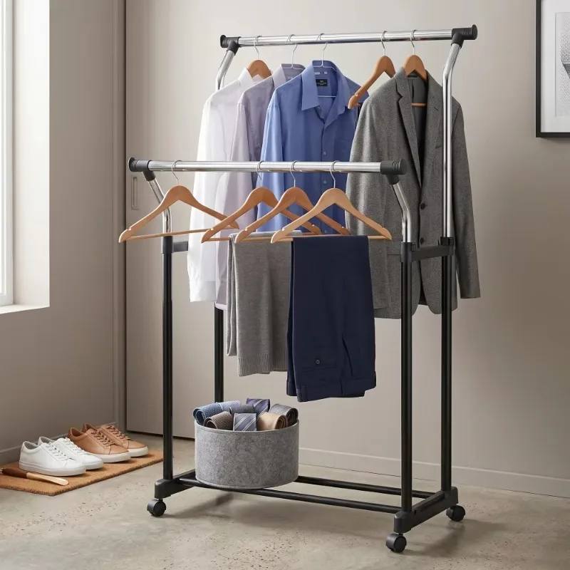 Modern Steel Double-bar Hanger with Storage Rack and Wheels for Bedroom and Living Room Furniture view 2
