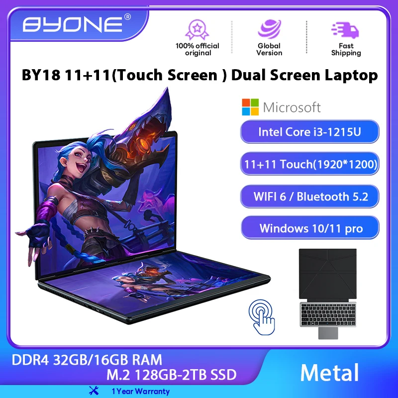 BYONE 11 + 11 بوصة كمبيوتر محمول بشاشة مزدوجة Intel Core I3 كمبيوتر محمول للألعاب شاشة مزدوجة تعمل باللمس Win11 كمبيوتر مكتبي كمبيوتر لوحي كمبيوتر محمول WiFi6