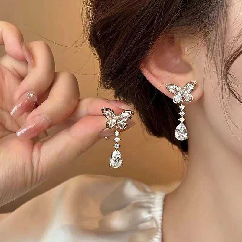 OXTAO Light Luxury Waterdrop Earrings Moissanite&Cubic Zirconia Butterfly Earrings 14K Gold Filled for Women Girl Party Jewelry view 6