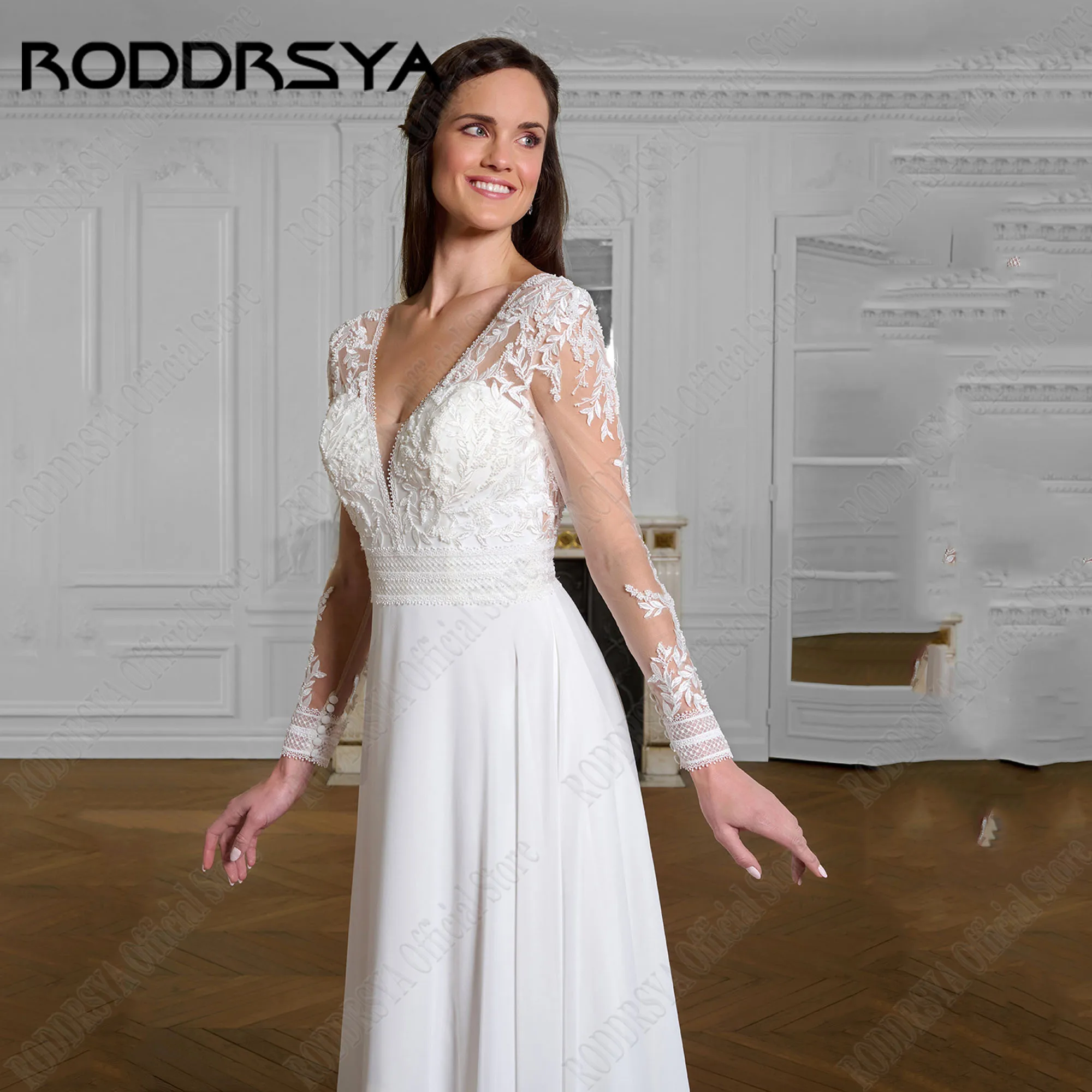 RODDRSYA Elegante A Linha Vestido De Noiva Manga Comprida Ilusão Voltar Vestido De Noiva Para As Mulheres Chiffon Applique Robe De Mariée PersonalizadoRODRSYA Elegante A Linha Vestido de Noiva Mangas Longas Ilusão Volt