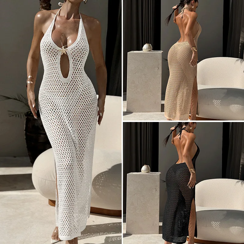 Sexy V-Ausschnitt rückenfreies Kleid Taille Krawatte Neckholder Strickkleid Stern Metall Ausschnitt Seitenschlitz Kleid Bodycon Midi Beachwear Party