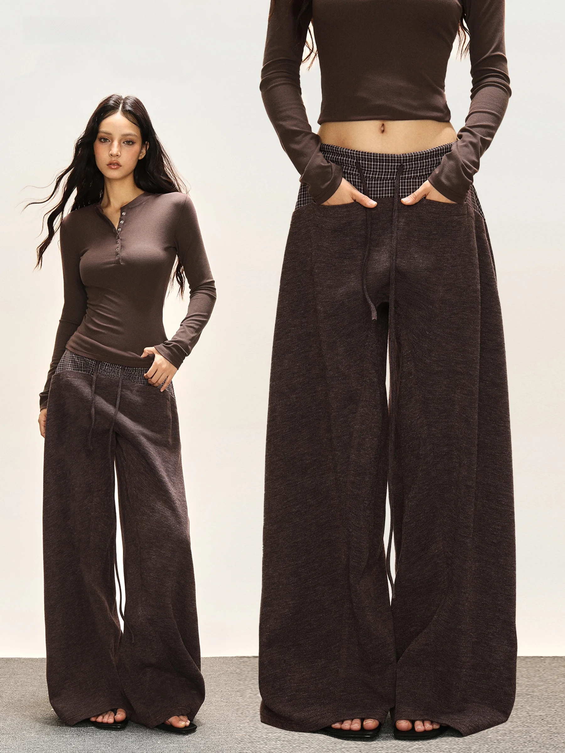 

American Sle Casual Plaid Splicing Wide Leg Pants Women's Loose Straight Rope Dstring Floor-Length Trousers