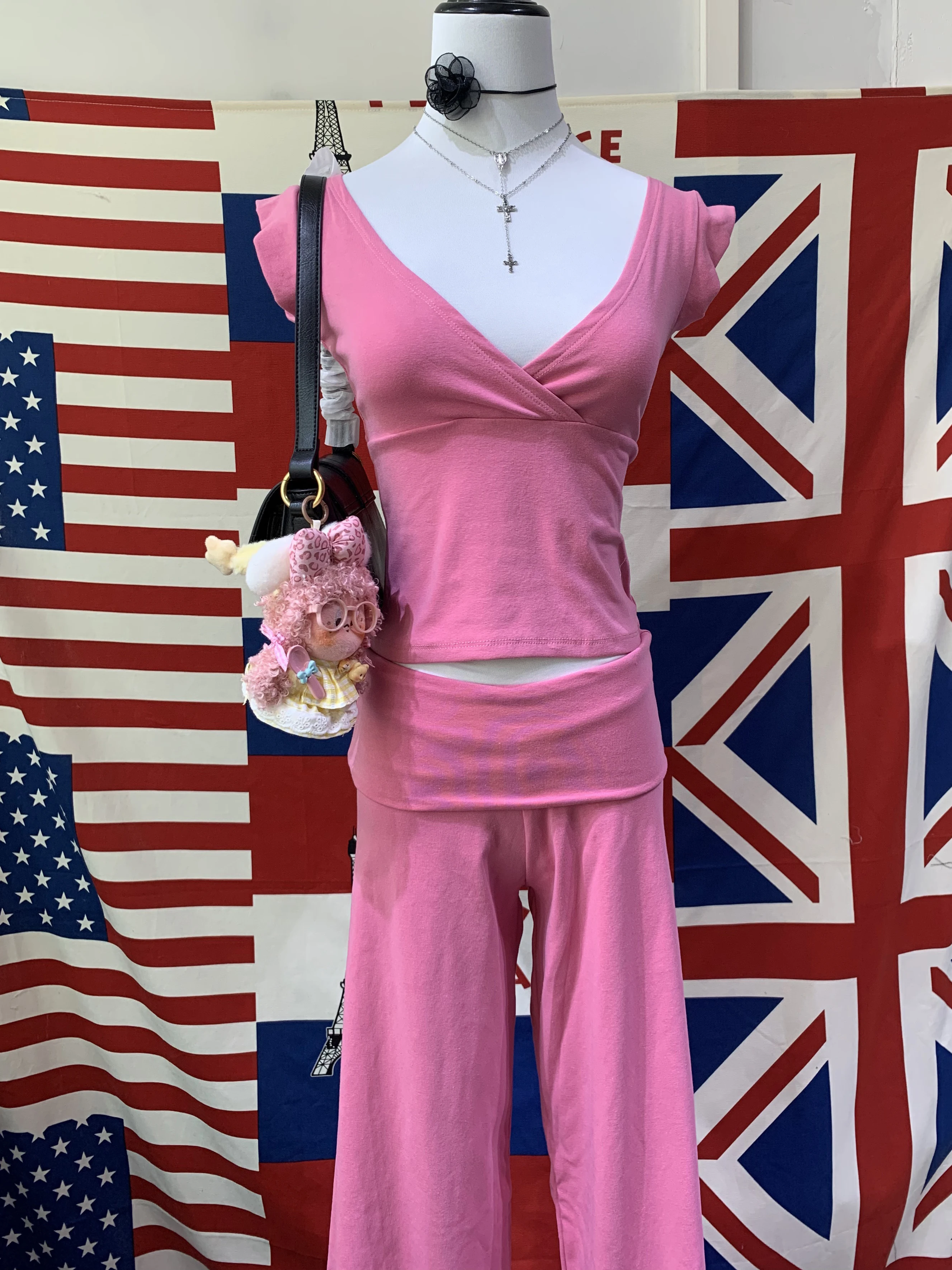 Solid T-shirt Pant Sets Woman Summer Cross V-neck Slim Crop Top+Foldover Low Waist Straight Trousers Cotton Casual 2 Piece Sets