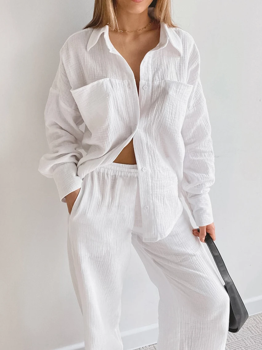 Marthaqiqi Cotton Ladies Sleepwear Set Long Sleeve Nightgowns Turn-Down Collar Pajamas Pants Casual Female Nightie 2 Piece Suits