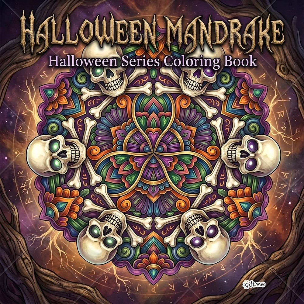 Gothic Halloween Mandrake Mandala Coloring Book Skeleton Dark Fantasy Stress Relief Adult Drawing Pages Anxiety Relief Art Book