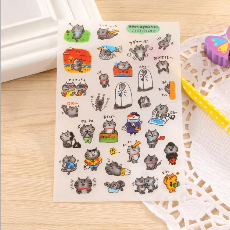 6 Sheets/Pack Cute Cats Transparent PVC Stickers for Scrapbook Planner Journal DIY Decor Stationery