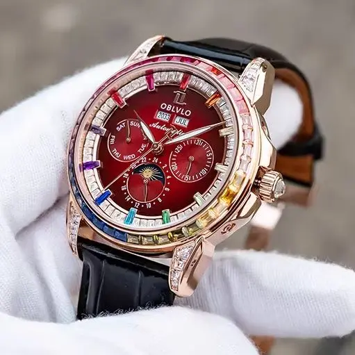 OBLVLO Men Automatic Watch 40mm Mechanical Wristwatch Waterproof Luminous Multi Dial Year,Month,Week,Date,24 Hours TY1655 Mov.