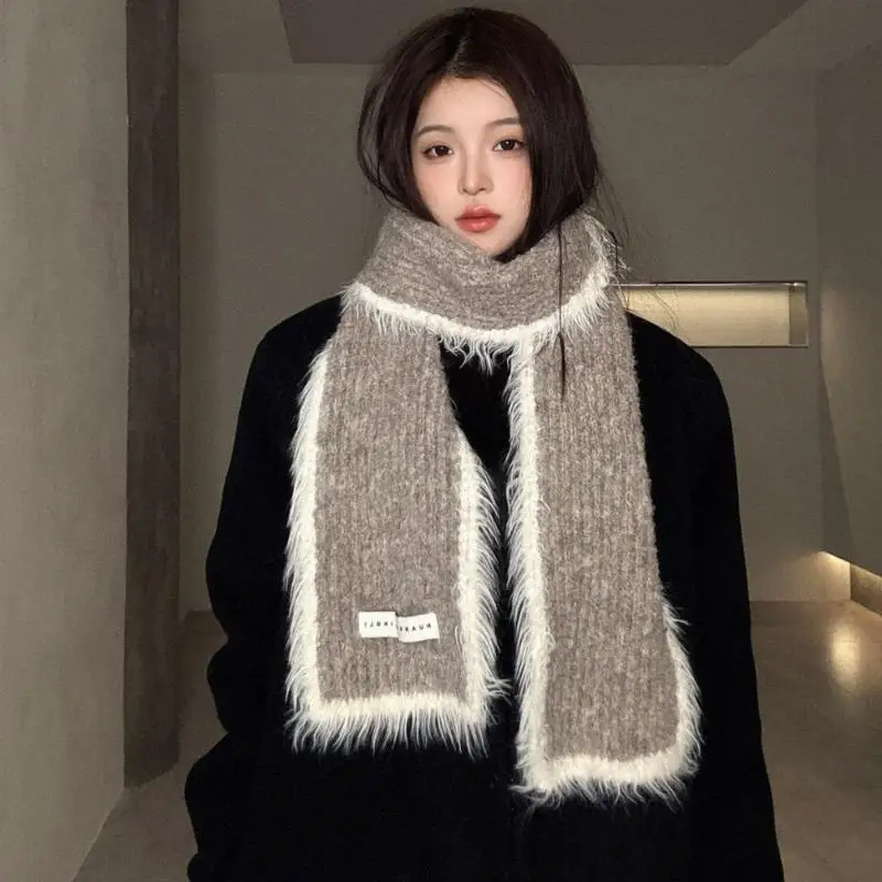 مزيج الصوف كتلة اللون وشاح متماسكة مهدب شرابة لينة وشاح الشتاء الدافئ للنساء الطلاب الكورية نمط غرزة الموضة #3