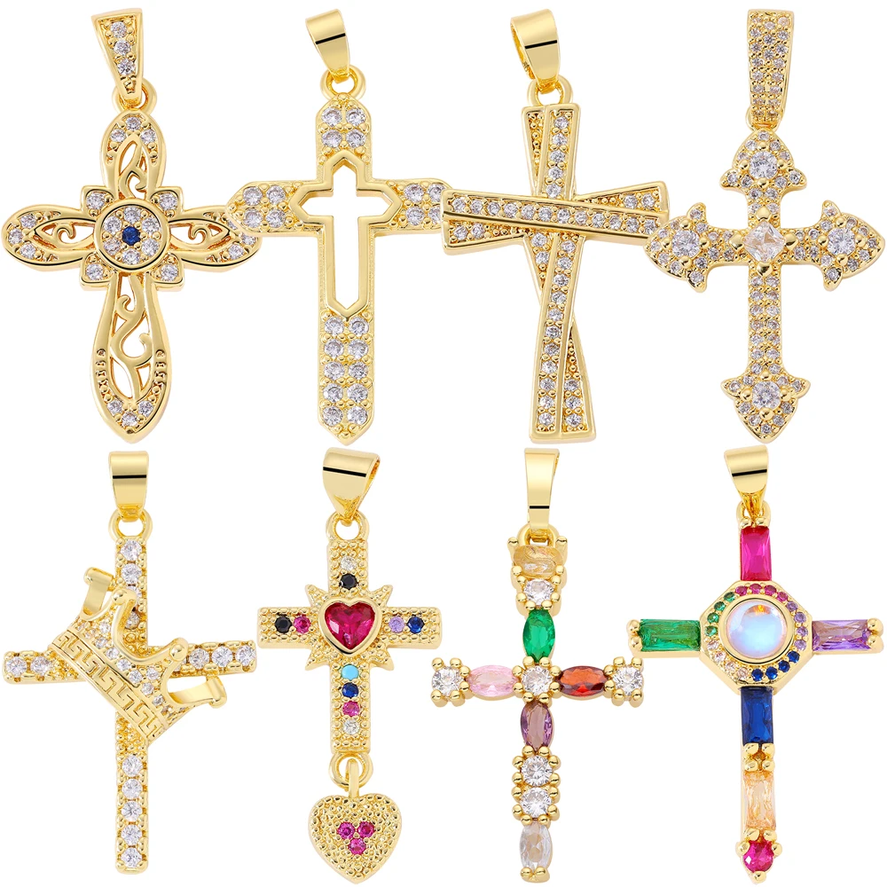 Juya 18K Real Gold Plated Micro Pave Zircon Handmade Catholic Christian Crosses Charms For DIY Religious Rosary Jewelry Making