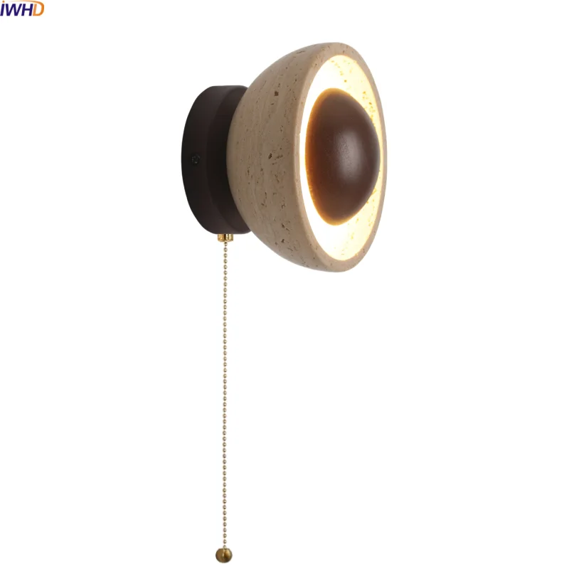 

IWHD Japanese Wood LED Wall Sconce Lamp Pull Chain Switch Yellow Stone Staircase Lighting Bathroom Mirror Light Fixture Wandlamp
