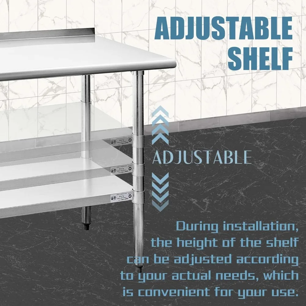 Table en acier inoxydable pour la préparation et le travail, table commerciale robuste avec sous-shelf et dosseret pour restaurant, maison et hôtel