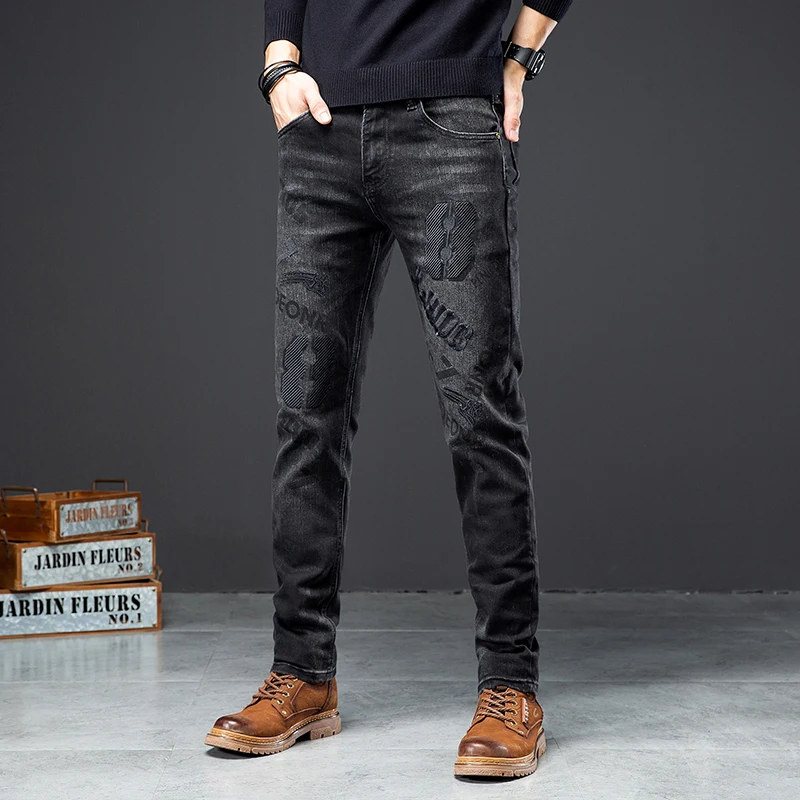 2024 Fashionable Embroidered Jeans Men's Street Trendy Unique Men's Autumn Stretch Denim Slim Fit Skinny Pants