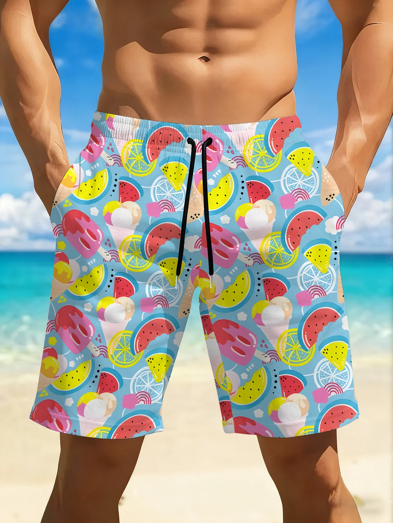 tylish Summer Swim Trunks for Men Fun Fruit Pattern Beach Shorts Moisture-Wicking Board Shorts with Pockets for Beach Pool
