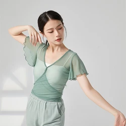 Women Classical Dance Top Ruffle Short Sleeve Body Rhyme Guaze Mesh Shirt Tee Cross Straps Back Stage Performance Clothes Tops
