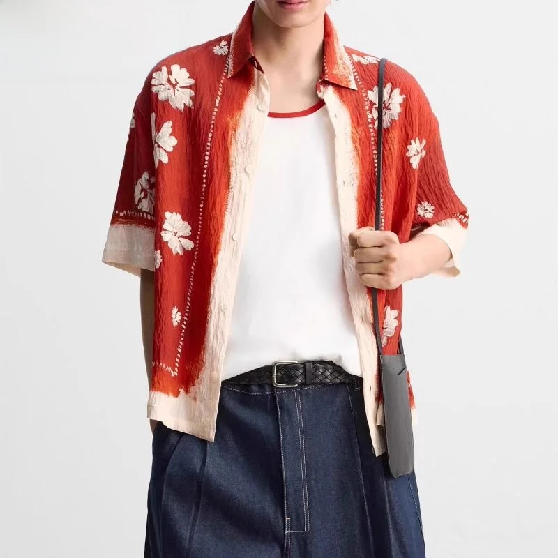 

Loose Fit Floral Print ort Sve Men's irt Summer New Arrival Casual Faion Polyester Rayon Blend Upper Apparel