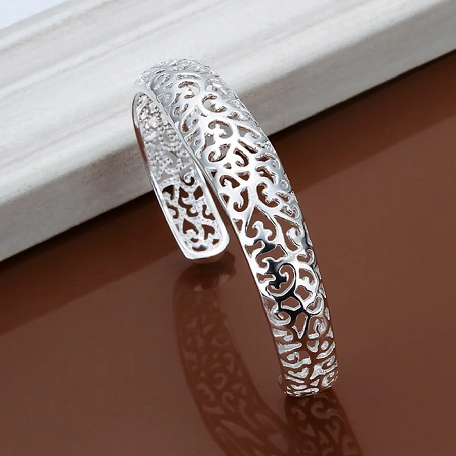 925 Sterling Silver Open Bangle Bracelet para Mulheres, Pulseira Bonito Das Meninas, Charme Retro, Exquisite Circular Jóias, Presente Favorito Das Meninas, Moda