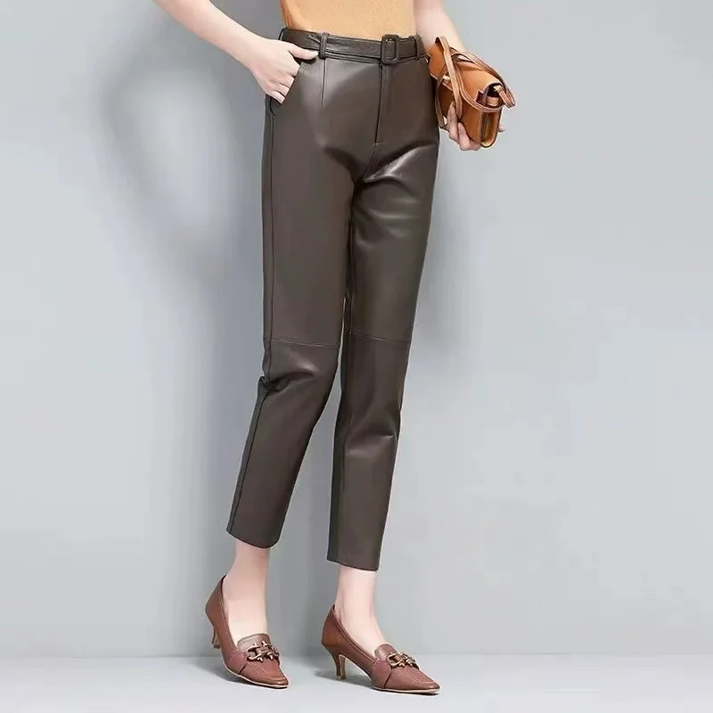 Calças de couro genuíno outono feminino pele de carneiro meados de cintura envoltório hip cinto fino café/caqui/caramelo lápis calças pantalones mujer
