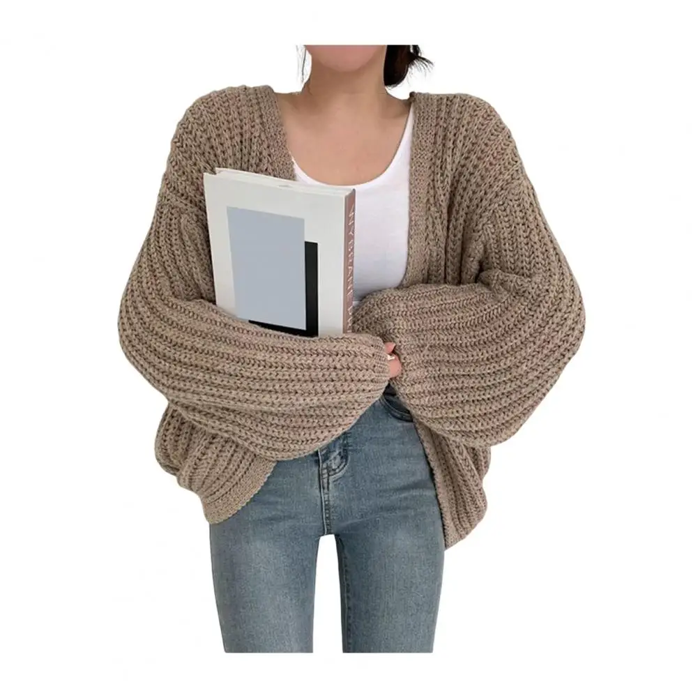 

Women Sweater Coat V-Neck Lantern Long Sleeve Open Stitch Coat Knitted Base Sweater Jacket Tops