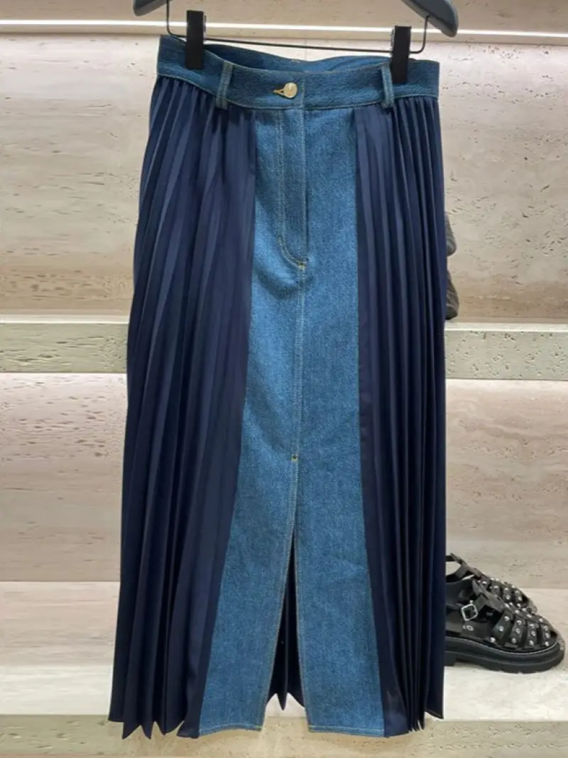

Women Pleated Midi Skirt Denim Spliced High Waist A-Line Fashion Autumn 2024 Jupe