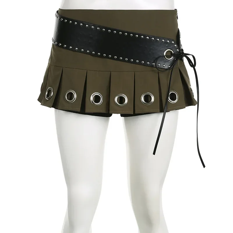 Jupe plissée trapèze mince avec ceinture en PU pour femmes, taille basse, style punk, super mini jupes à lacets, été, sexy, 2024