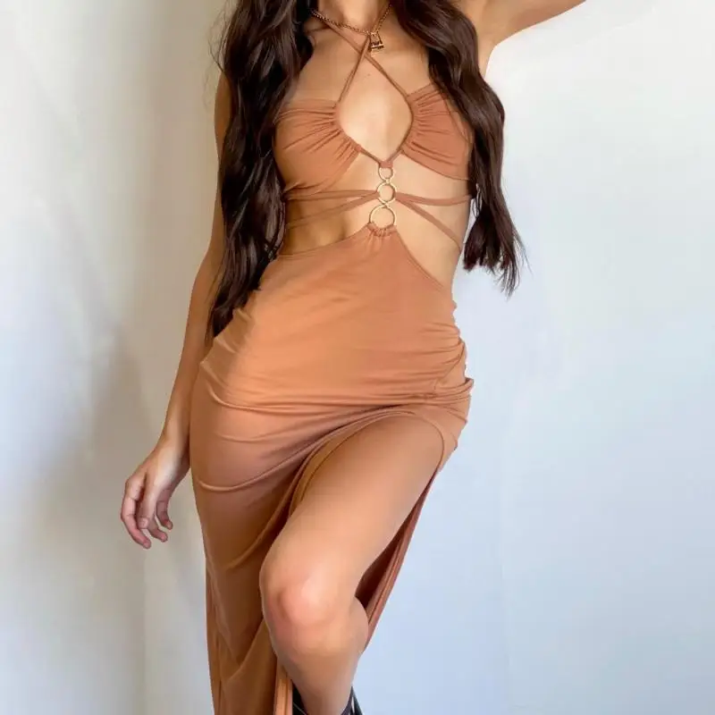 Nowa letnia długa sukienka z seksownym wycięciem i wysokim rozcięciem nadaje się na imprezy, wakacje i plaże