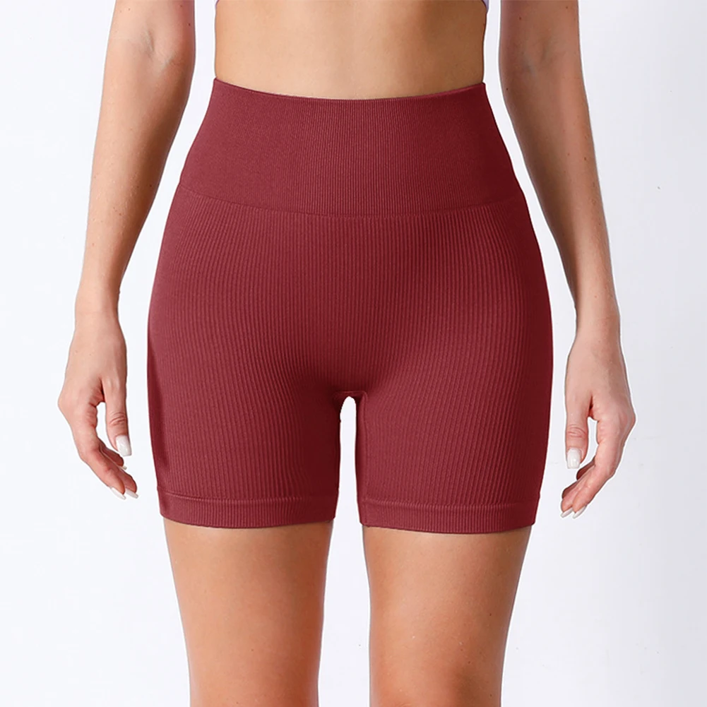 Pantaloncini da Yoga a coste da donna collant sportivi a vita alta in maglia senza cuciture pantaloncini da allenamento Fitness da palestra da donna in esecuzione