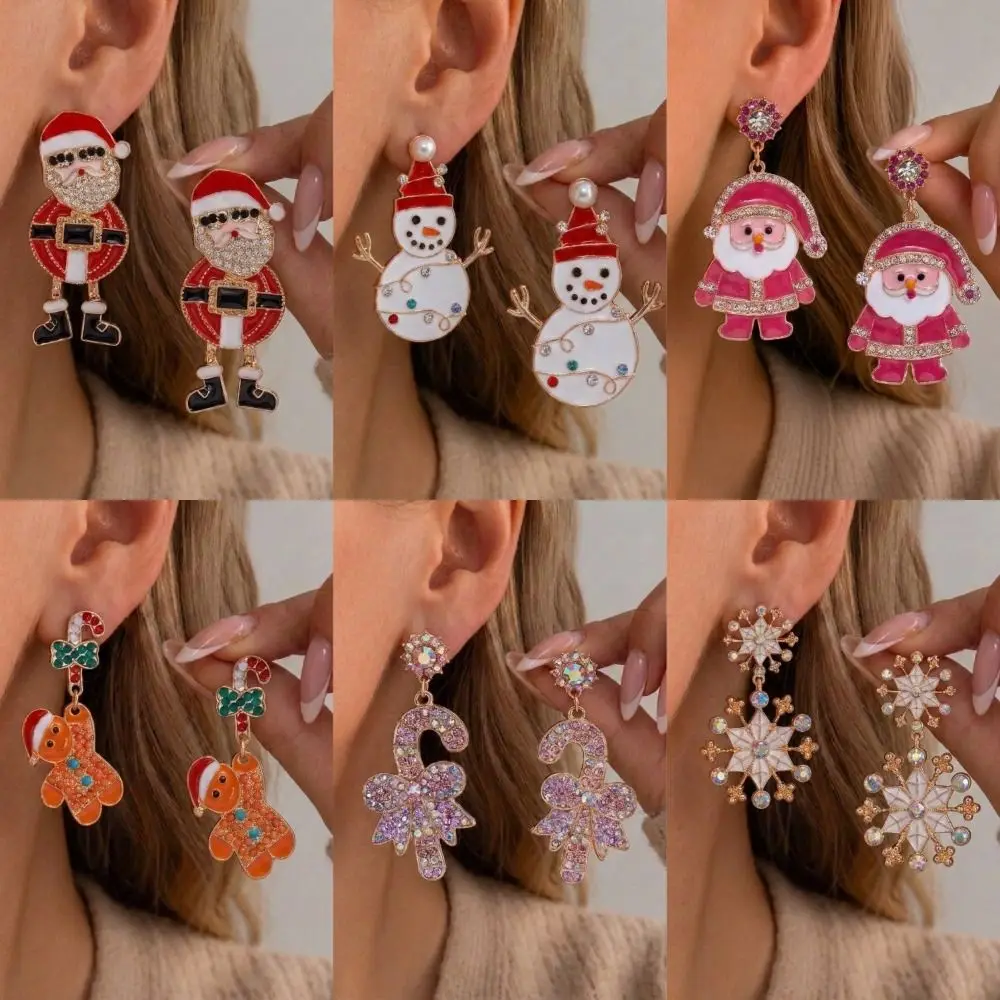 Multiple Styles Christmas Earrings Pink Enamel Finish Rhinestone Inlaid Santa Claus Stud Earrings Gingerbread Man Design