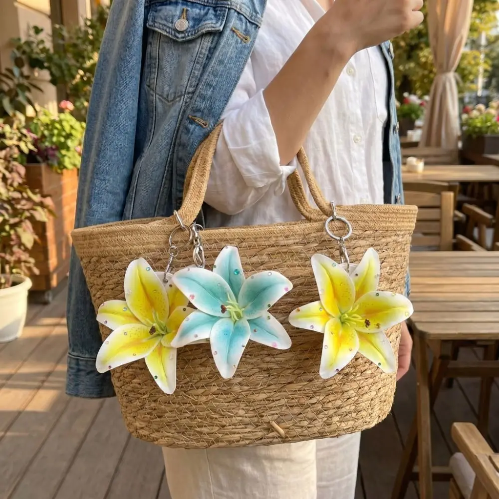 Phalaenopsis Orchid Lilium Brownii Flower Pendant Rivet Tassel Colorful Rhinestone Keychain Punk Hanger Bag Charm Bag Ornament