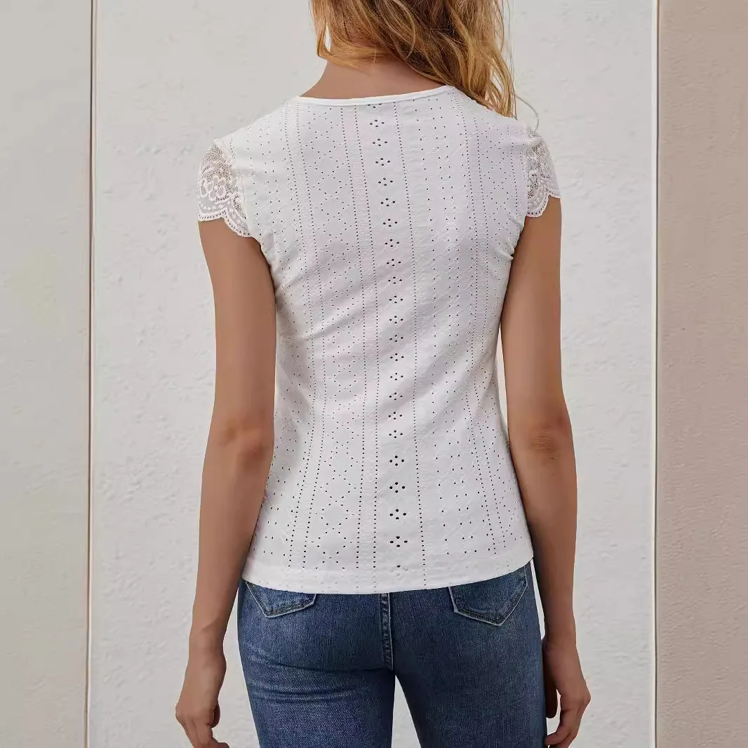 Women's Solid Color Lace V Neck Cap Sleeve Ruched Eyelet Slimming Versatile Lightweight Comfortable Casual Daily Wear Trendy Top