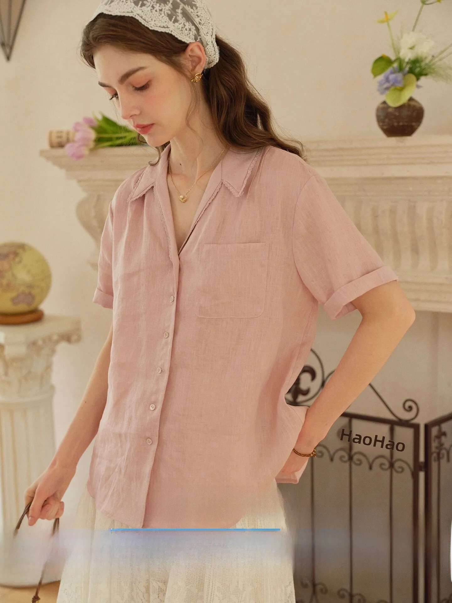 

Natural 100% Linen Short Sleeve Shirt Women's Pink Floral Trim Collar French Style Loose Fit Breathable Skin-Friendly Shirt